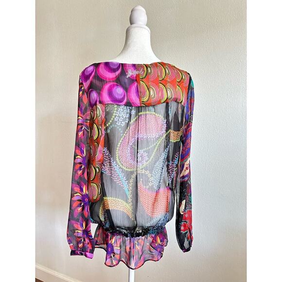 Desigual Sheer Multi Color Floral Print Long Sleeve Tunic Blouse Top Y2K Size M - Picture 2 of 9